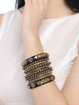 Peora - Traditional Wedding Silk Thread Kundan Chuda Set Jewellery - Blue-Pack of 2