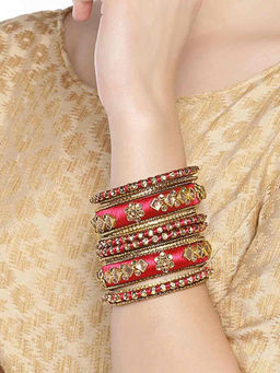 Peora - Traditional Wedding Silk Thread Kundan Chuda Set Jewellery - Red-Pack of 2