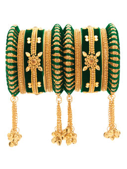 Peora - Gold Plated Green Velvet Kundan Silk Thread Chuda Bangle (Set of 2)-PF51B23G