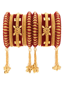 Peora - Gold Plated Maroon Velvet Kundan Silk Thread Chuda Bangle (Set of 2)-PF51B23M