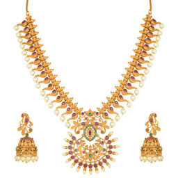 Peora - Peacock Faux Ruby Emerald Stone Stylish Design Necklace Jhumkis Earring Set-PF53N107RG