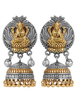 Peora - Oxidised Silver Indian Goddess Laxmi Design Temple Jhumka Earrings-PF55E07