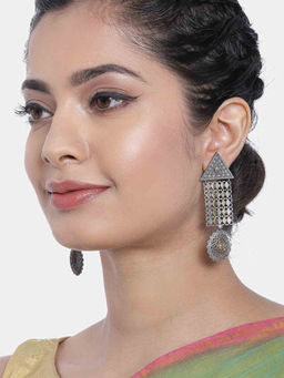 Peora - Afghani Tribal Antique Oxidised Silver Two Tone Dangle Earrings Ethnic Jewellery-PF55E180