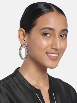 Peora - Oxidised Silver Plated Oval Studded Tribal Drop Earrings for Women-PF55E187BL