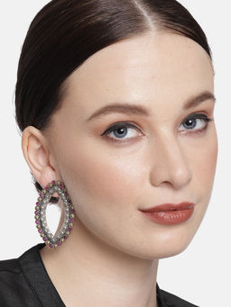 Peora - Oxidised Silver Plated Oval Studded Tribal Drop Earrings Jewellery - PF55E187R