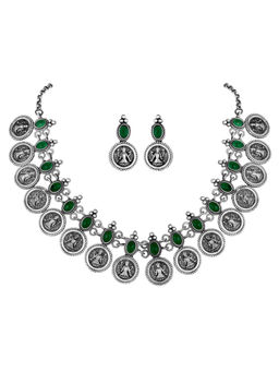 Peora - Indian Traditional Afgani Trible Silver Oxidized Earrings And Necklace Set-PF55N07G
