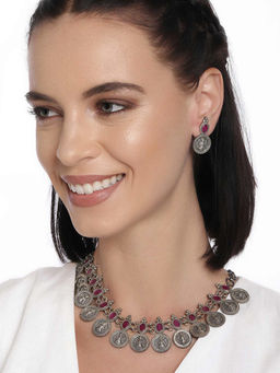 Peora - Afghani Tribal Silver Oxidized Necklace Earring Antique Jewellery (Set of 2)-PF55N07R