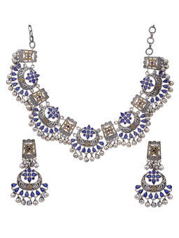 Peora - Ethnic Dual Tone Silver Plated Blue Stone Earrings And Necklace Set-PF55N11B