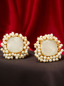 Peora - Traditional Square Off White Crystal Pearl Stud Earrings-PF66E103W
