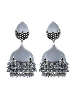 Peora - Jaipur Mart Silver Oxidised Gray Beads Heart Shape Jhumki Jhumka Earrings-PF66E12GRY