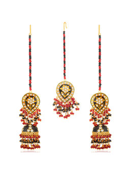 Peora - Traditional Handcrafted Enamel Meenakari Jhumki Earrings & Maang Tikka (Set of 2)-PF66ET67BL