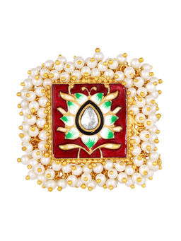 Peora - Jaipur Red Green Enamel Meenakari Work Gold Plated Pearl Beads Hand Painted Ring-PF66R07RG