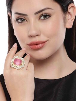 Peora - Gold Plated Party Wear Pink Crystal Baby Pearl Round Adjustable Finger Ring-PF66R14PK