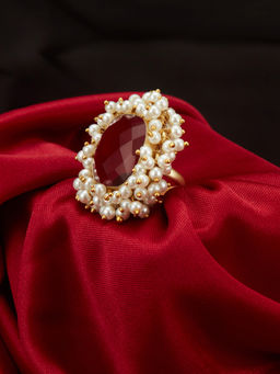 Peora - Red Square Crystal Pearl Gold Plated Adjustable Finger Ring-PF66R14R