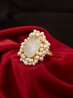 Peora - Off White Square Crystal Pearl Gold Plated Adjustable Finger Ring-PF66R14W