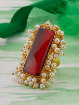 Peora - Ethnic Maroon Crystal Pearl Adjustable Finger Ring-PF66R29M