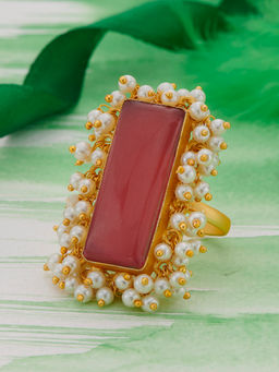Peora - Traditional Rectangle Red Crystal Baby Pearl Adjustable Ring-PF66R29PK