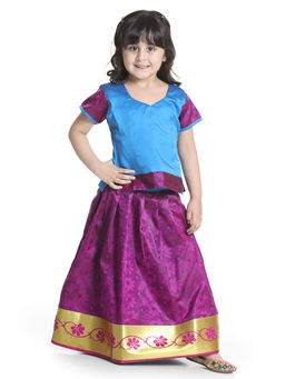 BownBee - Half Sleeve South Indian Pavda Pattu Lehenga-Blue (Set of 2)