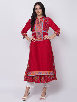 Biba - Red Straight Kurta With Printed Inner (Set of 2)
