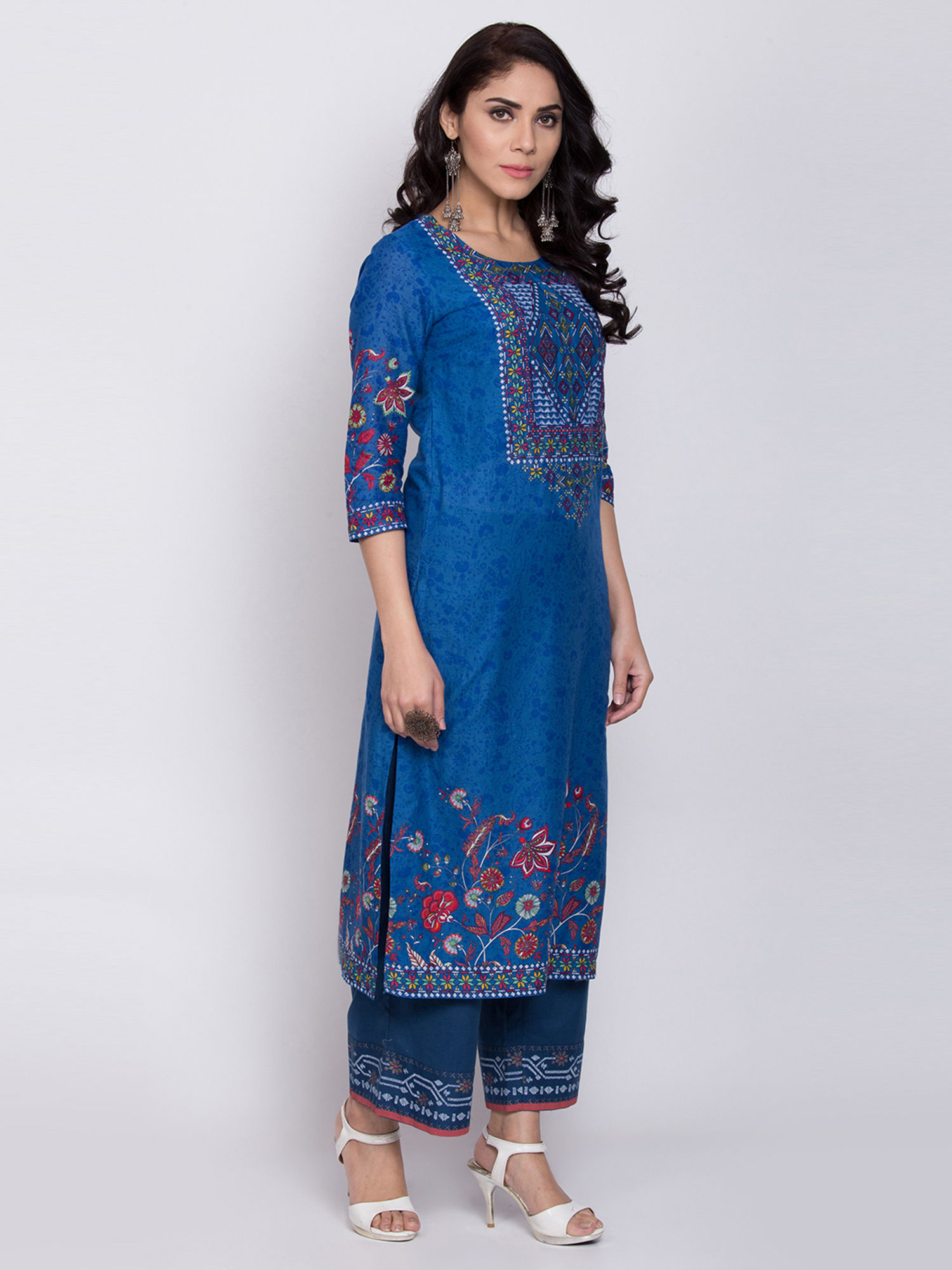 Biba Ink Blue Printed Straight Kurta 