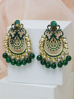 PANASH - Gold-Plated Green En Handpainted Kundan Crescent Shaped Chandbalis