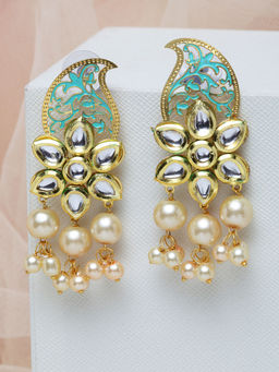 PANASH - Gold-Plated Sea Green Kundan Paisley Shaped Drop Earrings