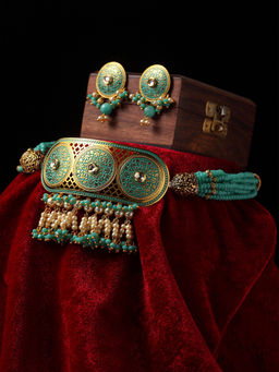 PANASH - Gold-Plated Turquoise Blue Beige Filigree Work Pearl-Beaded Jewellery Set (Set of 2)