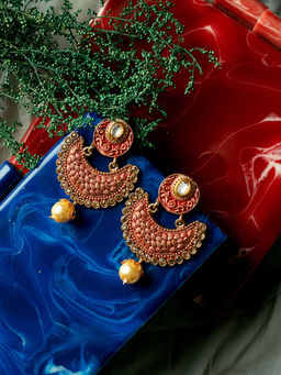 PANASH - Gold-Plated Red Handcrafted Crescent Shaped Chandbalis
