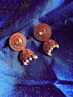 PANASH - Red Gold-Plated Pearl Hand-Painted Dome Shaped Jhumkas