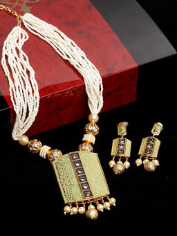 PANASH - Women Gold-Plated Green Handpainted Jewellery Set