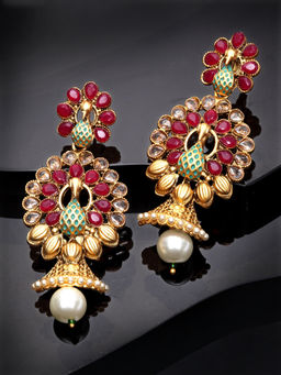 PANASH - Gold-plated Multicoloured Peacock Shaped Handcrafted Jhumka Earrings