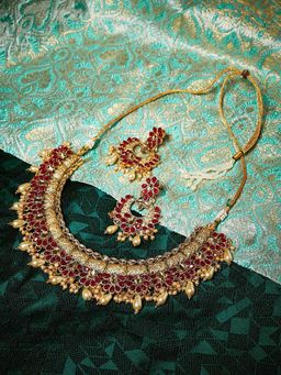 PANASH - Pink Gold-Plated Red Stone-Studded Handcrafted Jewellery Set