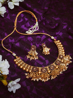 PANASH - Gold-Plated Off White Stone-Studded Pearl-Beaded Jewellery Set