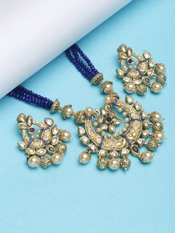 PANASH - Gold-Plated Blue Kundan Studded Handcrafted Jewellery Set