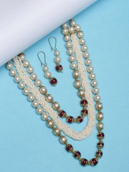 PANASH - Gold-Plated Maroon White Pearl Beaded Handcrafted Jewellery Set