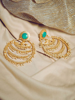 PANASH - Gold-Toned & Turquoise Blue Crescent Shaped Handcrafted Chandbalis