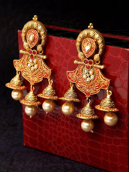 PANASH - Gold-Toned & Red Stoned-Studded Dome Shaped Drop Earrings