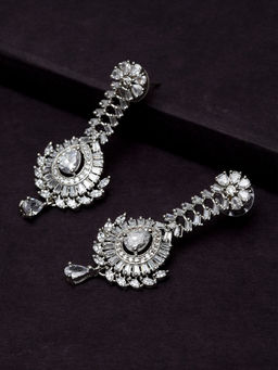 PANASH - Silver Rhodium-Plated American Diamond Studded Drop Earrings