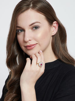 PANASH - Women Gold-Plated Pink White CZ Stone-Studded Finger Ring