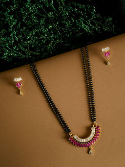 PANASH - Gold-Plated and Pink CZ Stone-Studded Mangalsutra with Earrings (Set of 2)