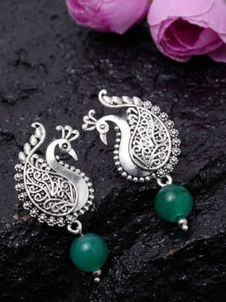 PANASH - Green & Silver-Plated Oxidised Peacock Shaped Drop Earrings