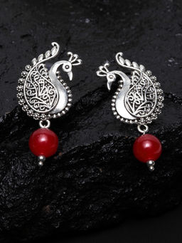 PANASH - Red & Silver-Plated Peacock Shaped Oxidized Drop Earrings