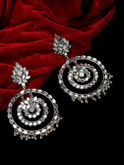 PANASH - Silver-Toned Oxidised Mirrored Contemporary Drop Earrings