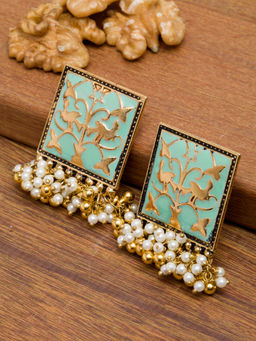 PANASH - Gold-Toned Sea Green Contemporary Drop Earrings