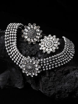PANASH - Oxidized Silver-Plated White CZ-Studded Jewellery Set (Set of 2)