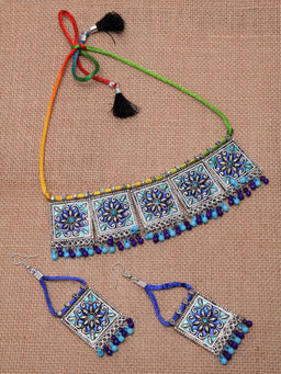 PANASH - Silver-Plated and Blue Enamelled Beaded Handcrafted Afghan Necklace (Set of 2)