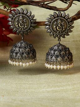 PANASH - Black Silver Plated Oxidised Statement Jhumka Earring