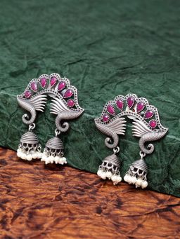 PANASH - Silver Plated Oxidized Peacock Shape Jhumkas