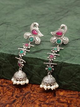 PANASH - Pink & Green Oxidised Silver Plated Peacock Shaped Jhumkas