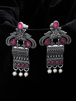 PANASH - Silver Plated & Pink Oxidised Drop Earrings